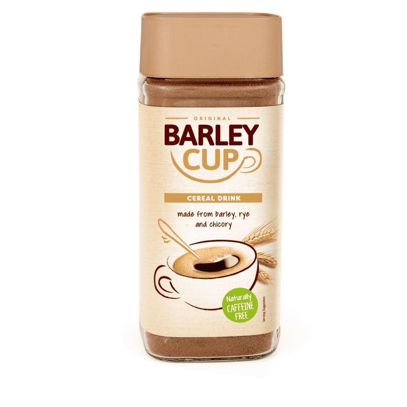 Barley Cup cereal drink powder 200g with gold top packaging, ideal for hot or cold beverage preparation.