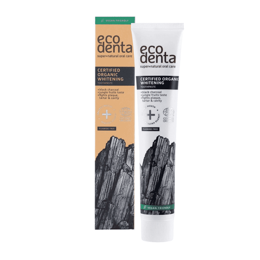 Ecodenta certified organic whitening toothpaste with black charcoal in a 75ml tube, designed for natural dental whitening.