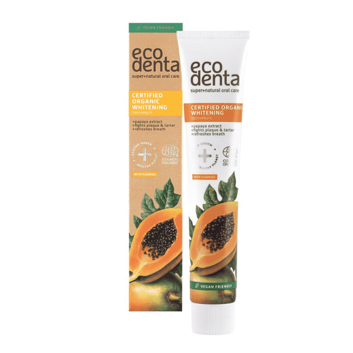 Ecodenta Organic Whitening Toothpaste with Papaya Extract, 75ml, showing the toothpaste tube with natural ingredients and packaging.