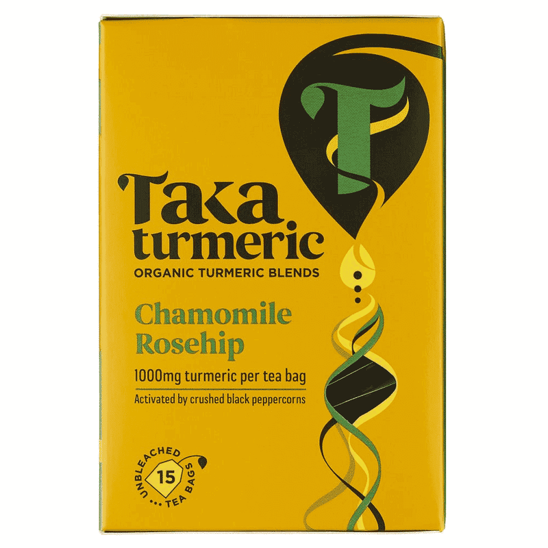 Taka Turmeric Chamomile Rosehip Teabags 15-pack, herbal tea bags with chamomile and rosehip ingredients, arranged in a box