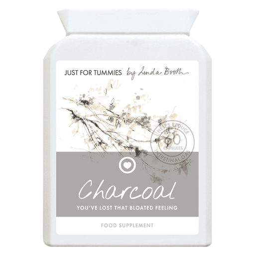 Just For Tummies Charcoal 60s dietary supplement box with 60 capsules, featuring black and white packaging design.