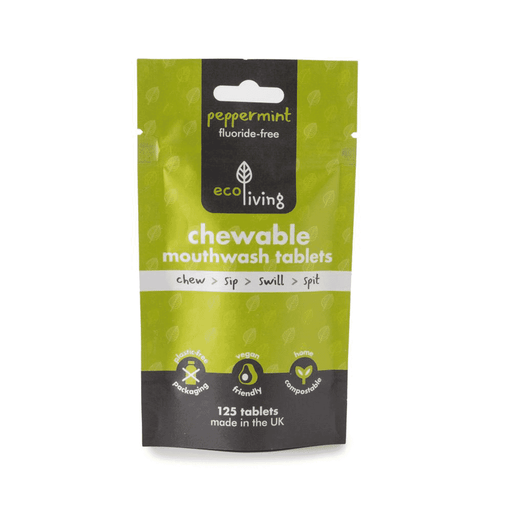 ecoLiving chewable peppermint mouthwash tablets, fluoride-free, 125 count, showing tablets in a clear container with fresh mint leaves