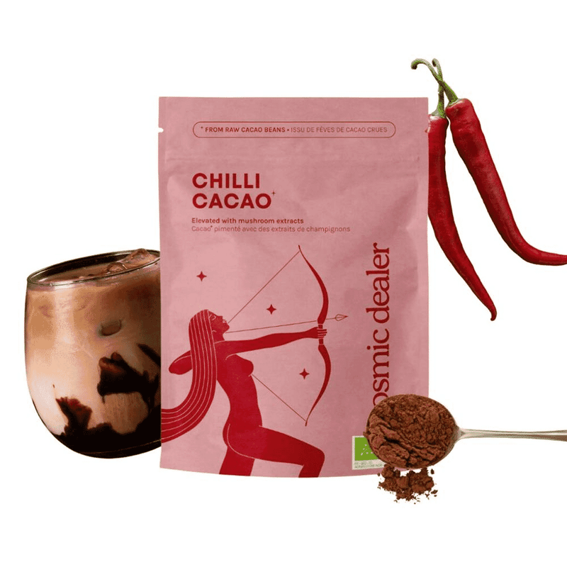 Cosmic Dealer Chilli Cacao chocolate bar with mushroom extracts, 120g, showing the rich dark chocolate with chili and mushroom ingredients