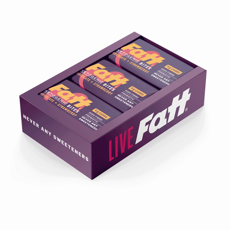 Fatt Chocolate and Strawberry Ketogenic Bites, 16-pack of 35g servings, showing chocolate and strawberry-flavored snacks.