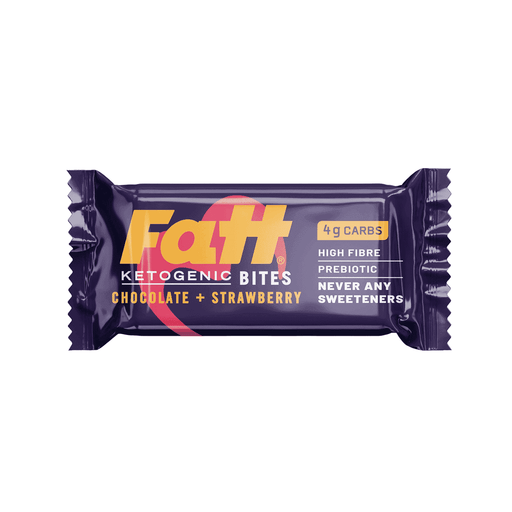Fatt Chocolate and Strawberry Ketogenic Bites 35g single, showing the chocolate and strawberry-flavored snack in a package