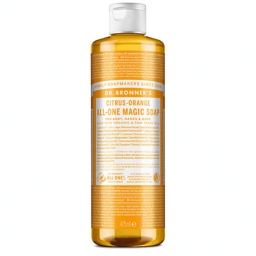 Dr Bronner's Magic Soaps Citrus-Orange All-One Magic Soap bottle, 475ml, with citrus-orange label and natural soap dispenser.