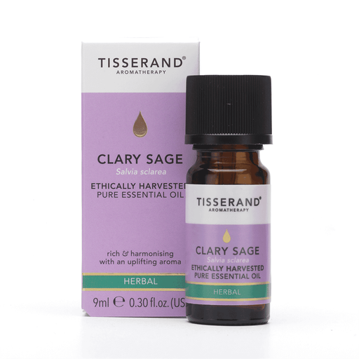 Tisserand Clary Sage Essential Oil in 9ml bottle, showing clear glass container with label and golden liquid inside.