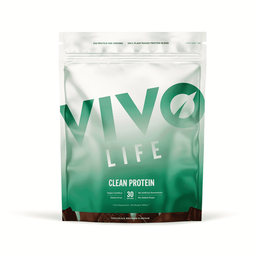 Vivo Life Clean Protein Chocolate Brownie Flavour 900g container with label showing product name and flavor.