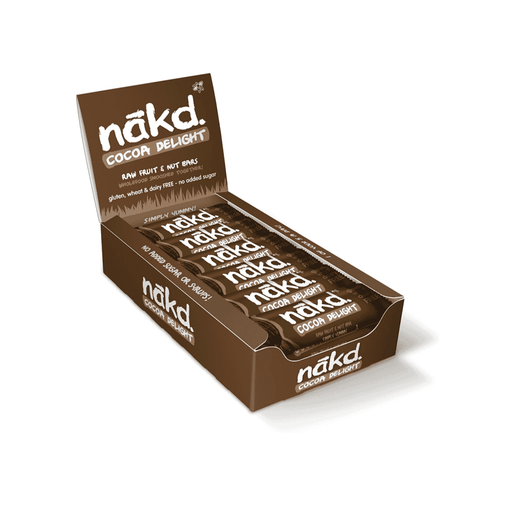 Case of Nakd Cocoa Delight energy bars with 18 bars, each 35g, featuring rich cocoa flavor and natural ingredients.
