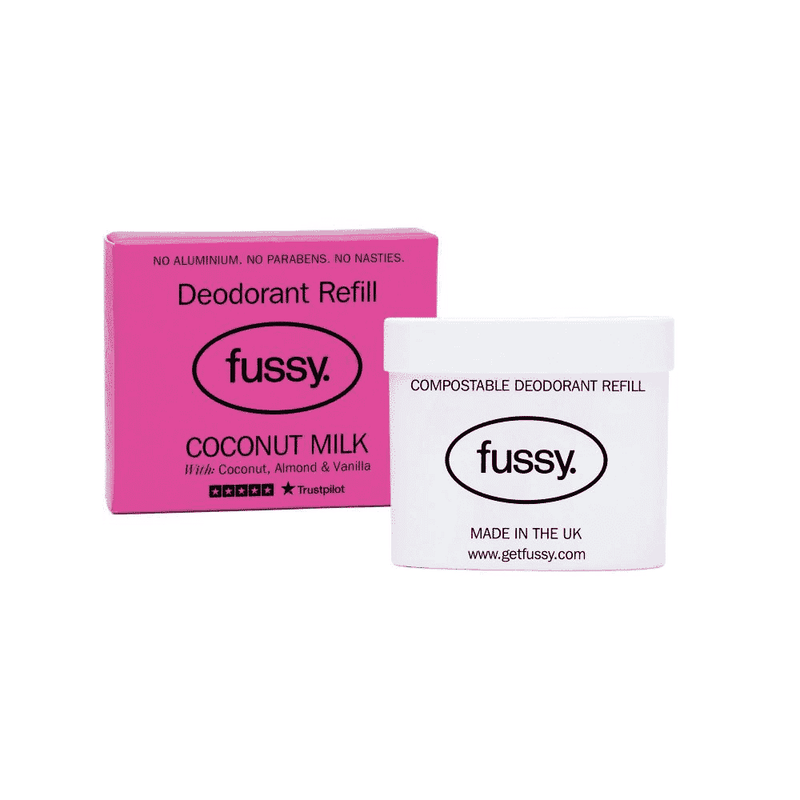 Two fussy deodorant refills, one pink and one white, on a white background.