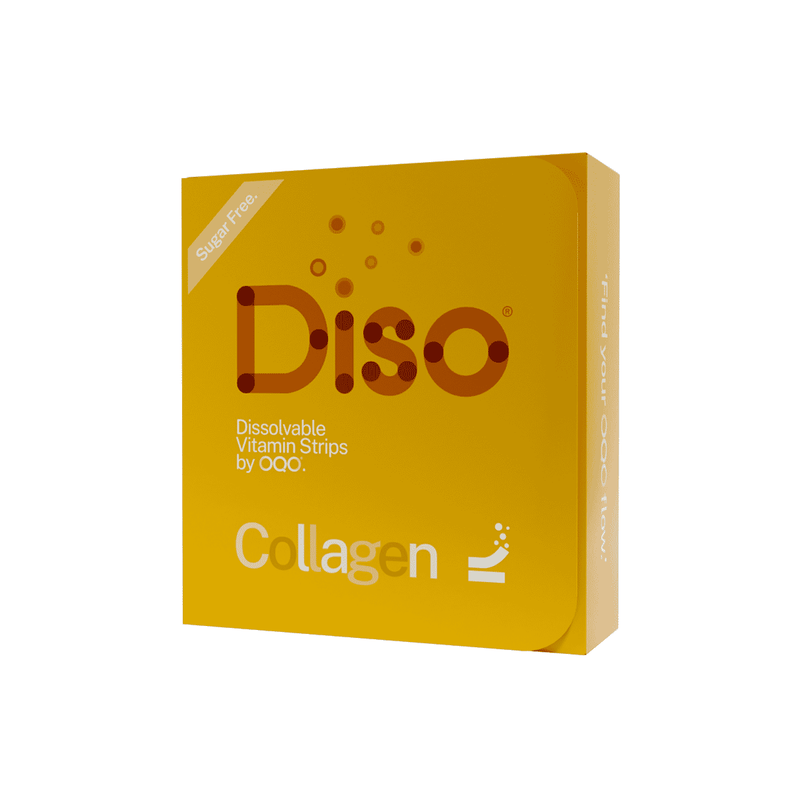 Diso Collagen Dissolvable Vitamin Strips 30s showing dissolving strips with collagen and vitamin ingredients on a white background.