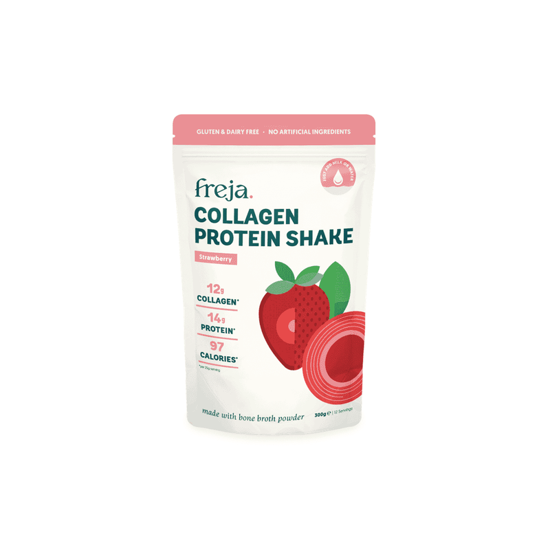 Freja Collagen Protein Shake in strawberry flavor, 300g container, showing the product packaging with a strawberry design.