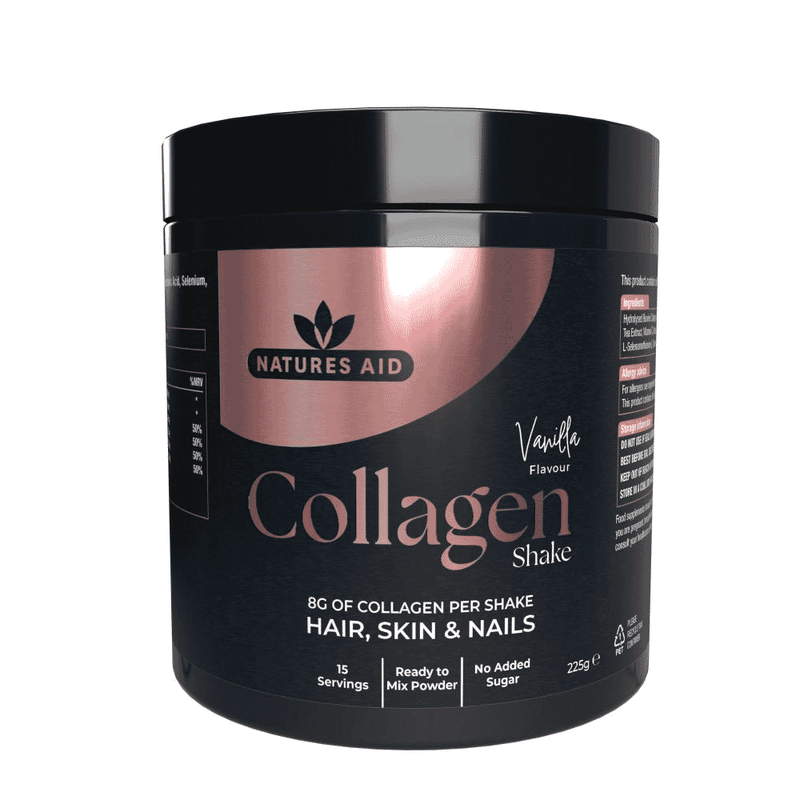 Natures Aid Collagen Shake with Vanilla flavor in 225g tub, showing the product container with vanilla-flavored collagen supplement powder.