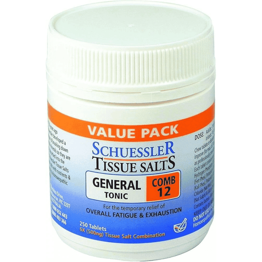 Schuessler Combination 12 supplement in a bottle of 250 tablets, designed for balancing mineral tissues and overall health.