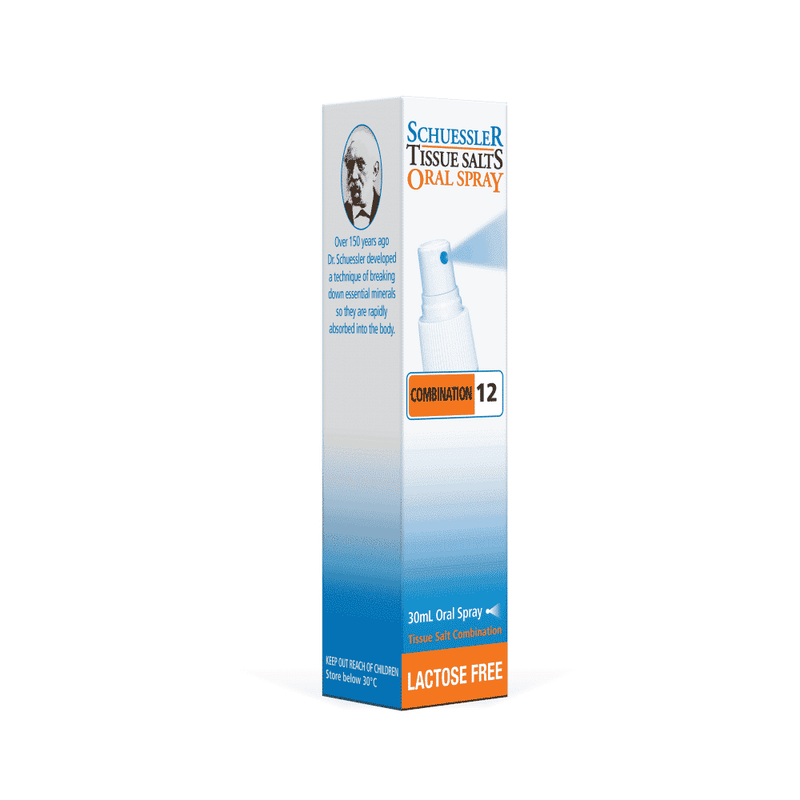 Schuessler Combination 12 Oral Spray in a 30ml bottle, lactose-free, for oral health support and daily wellness.