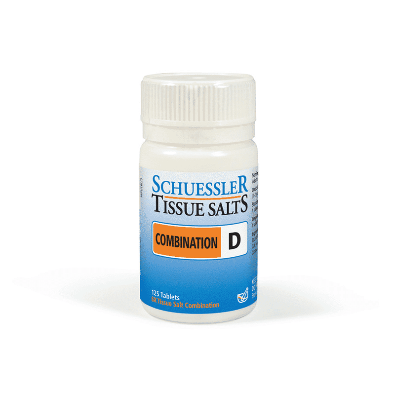 Schuessler Combination D 125 tablets, natural homeopathic remedy in a blister pack, with tablets displayed on a white background.