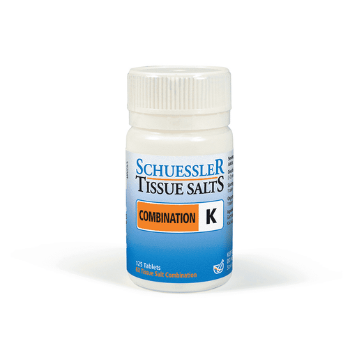 Schuessler Combination K 125 tablets showing a bottle of homeopathic mineral supplement tablets.