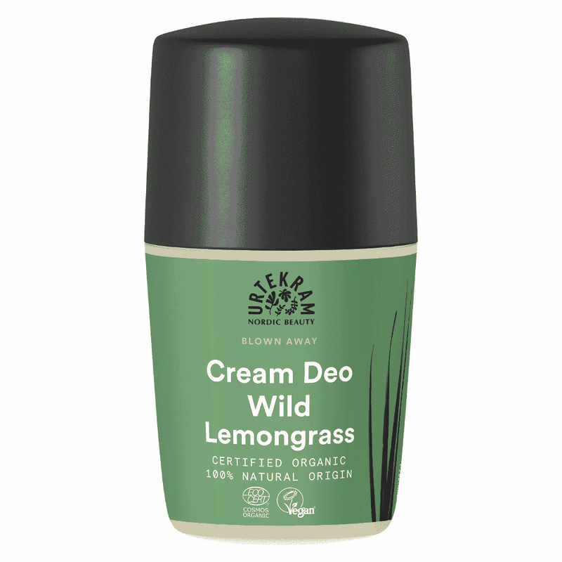 Urtekram Wild Lemongrass Cream Deodorant in 50ml jar, featuring natural herbal scent and smooth cream texture.