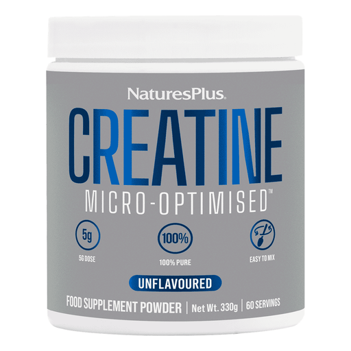 NaturesPlus Creatine Micro-Optimised 330g container with label and scoop, dietary supplement for muscle energy and strength.