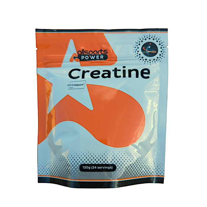Allsports Power Creapure Creatine Monohydrate powder in 120g container, showing the supplement's packaging and label.