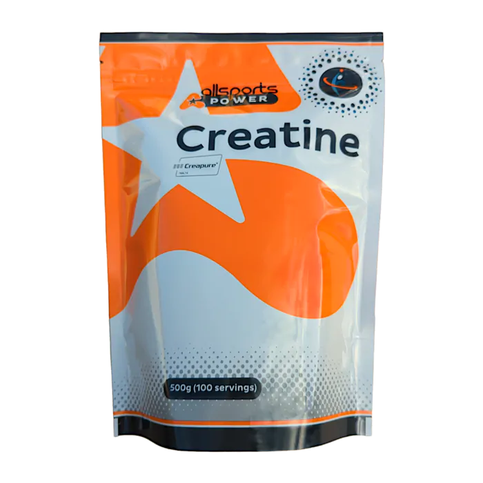 Allsports Power Creapure Creatine Monohydrate in a 550g container, showing the creatine powder inside.