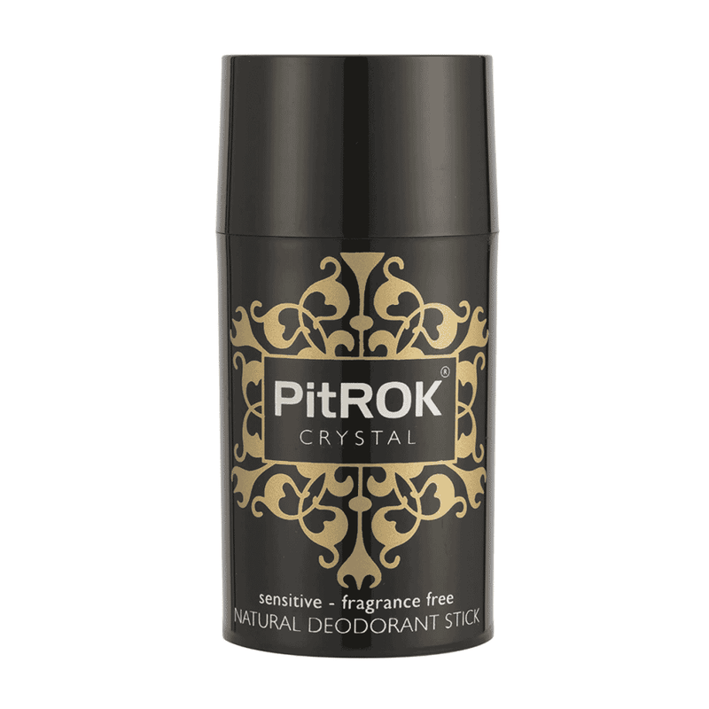 Pit Rok Crystal Sensitive natural deodorant stick, fragrance-free 100g, showing the clear, smooth deodorant product in its packaging.