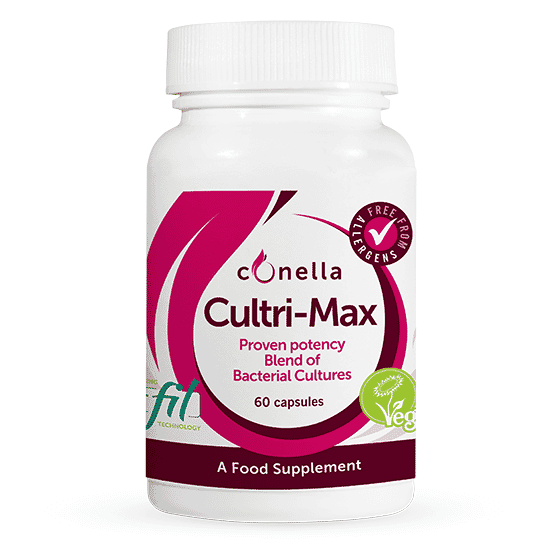 Conella Cultri-Max 60s dietary supplement bottles with white caps and label, positioned on a white background.