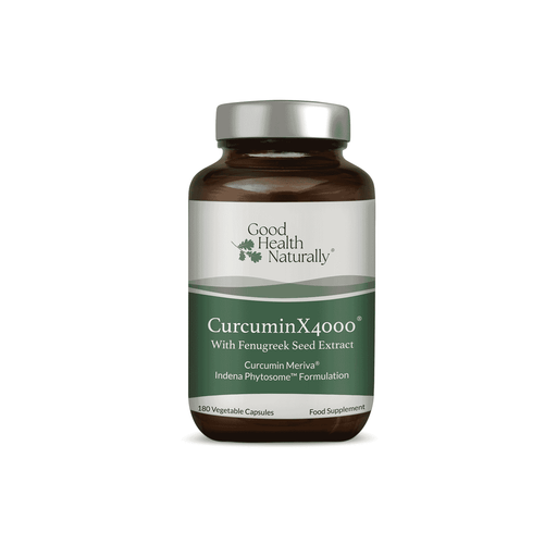 Good Health Naturally CurcuminX4000 supplement with fenugreek seed extract capsules, 180-count bottle for joint and overall health.
