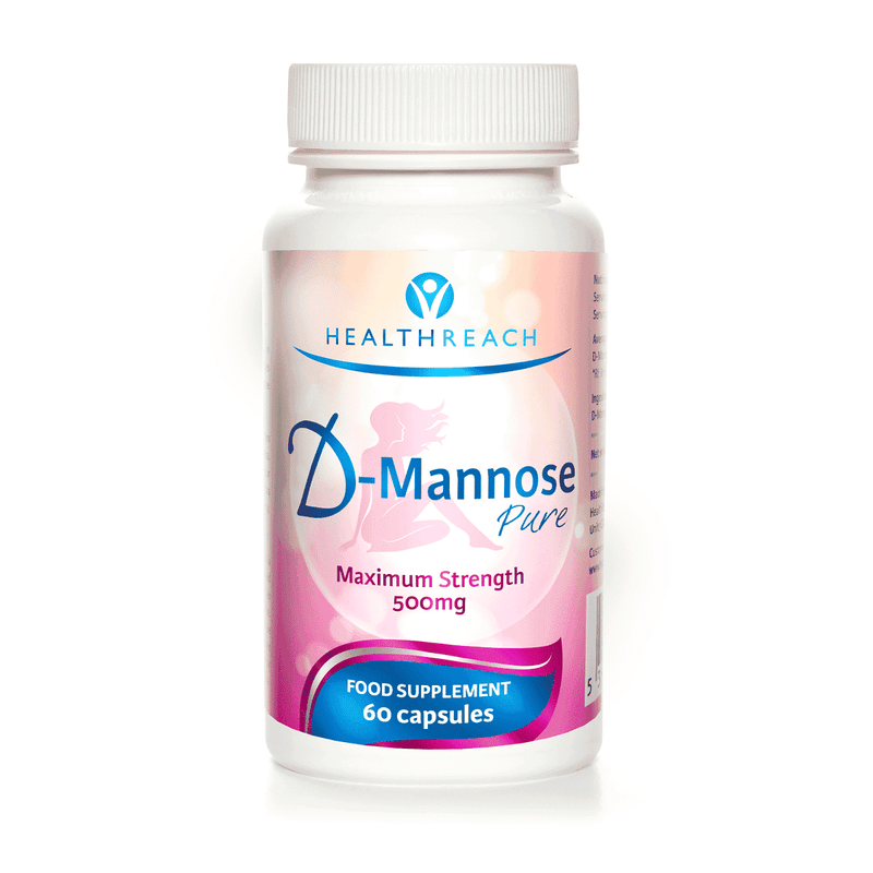 Bottle of Health Reach D-Mannose Pure 500mg dietary supplement with 60 capsules, shown in the image.