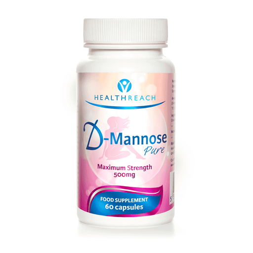 Bottle of Health Reach D-Mannose Pure 500mg dietary supplement with 60 capsules, shown in the image.