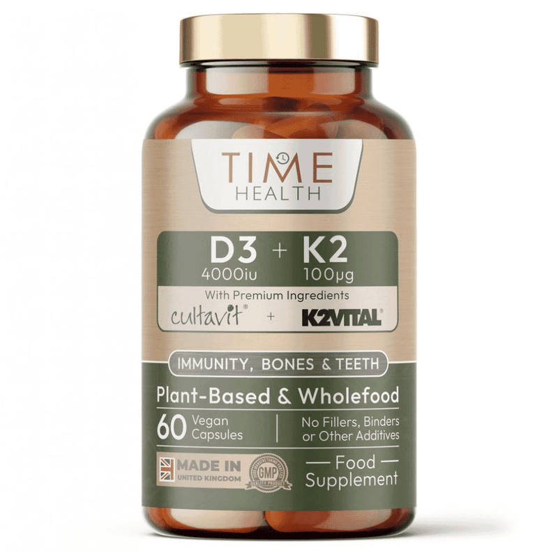 Time Health D3 4000IU and K2 100μg supplement bottle, showing label with product details and dosage information