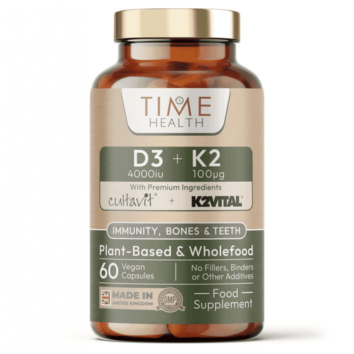 Time Health D3 4000IU and K2 100μg supplement bottle, showing label with product details and dosage information