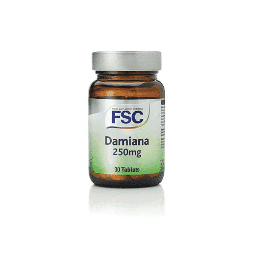 FSC Damiana supplement bottle showing Damiana 250mg capsules in a clear container on a white background.