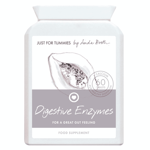 Just For Tummies Digestive Enzymes bottle with 60 softgel capsules, showing the label and product packaging.