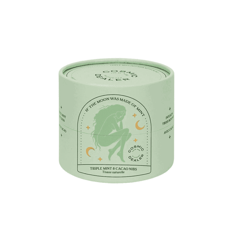 Cosmic Dealer Digestive Mint & Cacao Infusion 80g box showing the herbal tea blend with mint and cacao ingredients.