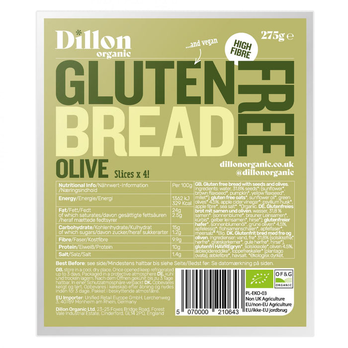 Dillon Organic Gluten Free Bread Olive 275g - Dennis the Chemist