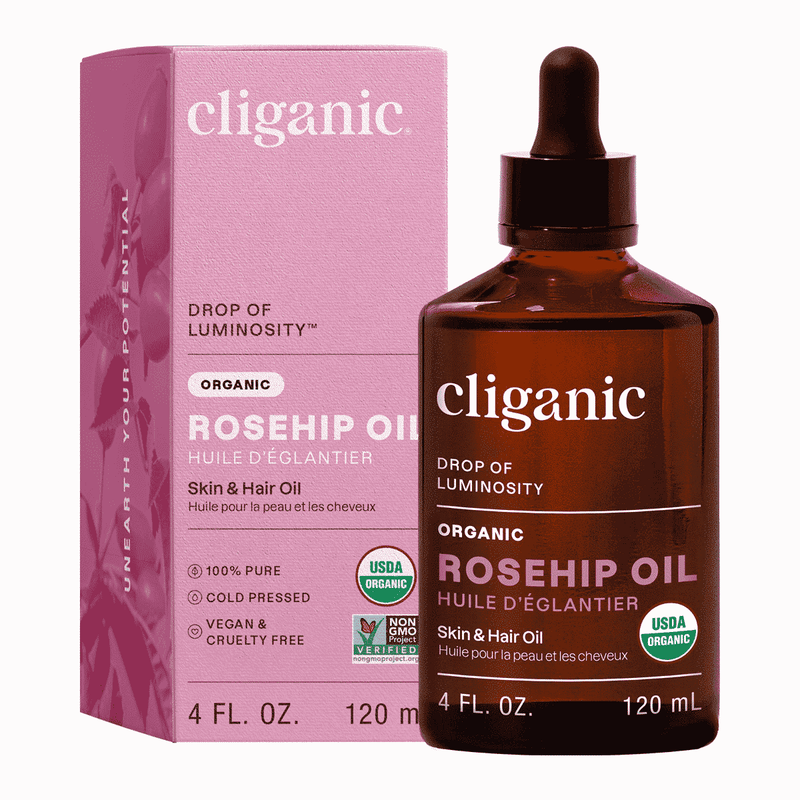 Drop of Luminosity Organic Rosehip Oil by Cliganic, 120ml bottle of nourishing body oil for skin and hair care.