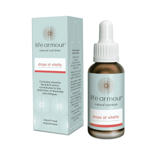 Life Armour Drops of Vitality 30ml bottle with dropper, showing clear liquid inside, used for boosting energy and wellness.