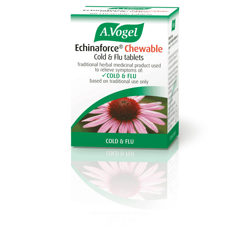 A Vogel BioForce Echinaforce Chewable Cold and Flu Tablets in a blister pack, 80 chewable tablets for immune support.