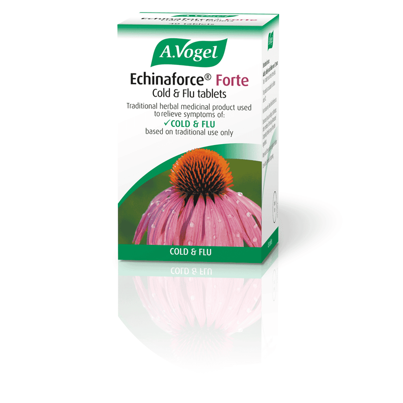 A Vogel Echinaforce Forte Cold & Flu Tablets 40-pack, showing the box with tablets inside, natural herbal supplement for immune support
