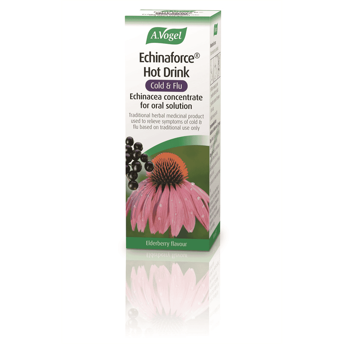 A Vogel Echinaforce Hot Drink Cold & Flu herbal supplement in a 100ml bottle, designed to support immune health during cold and flu.