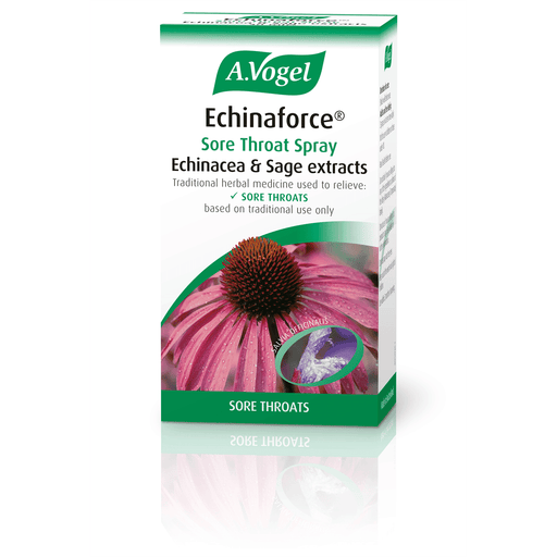 A Vogel Echinaforce Sore Throat Spray 30ml bottle with label and spray nozzle, designed for soothing sore throats.