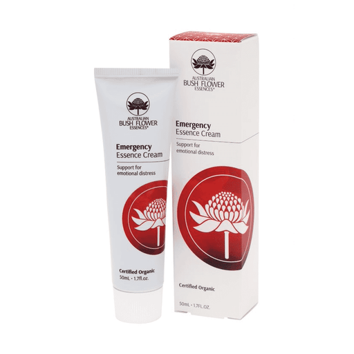 Australian Bush Flower Essences Emergency Essence Cream 50ml jar with white lid and label showing floral design and product details.