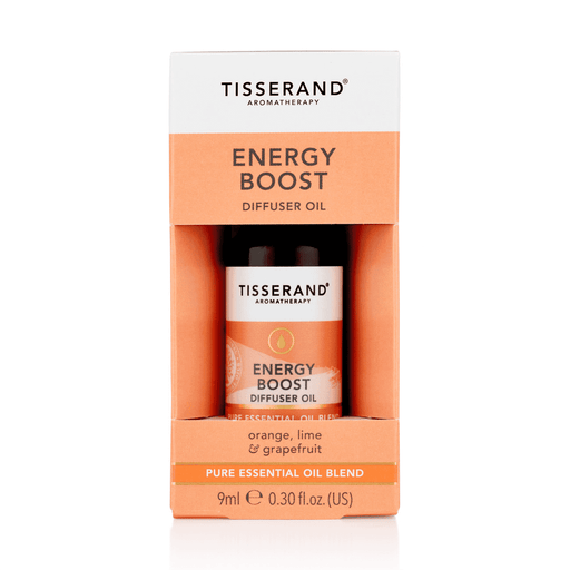 Tisserand Energy Boost diffuser oil bottle with 9ml size and green and yellow label, showcasing natural essential oils for energizing aroma.