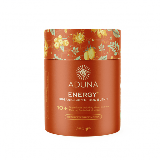Organic Aduna Energy Superfood Blend 250g in a resealable bag, with colorful ingredients visible inside.