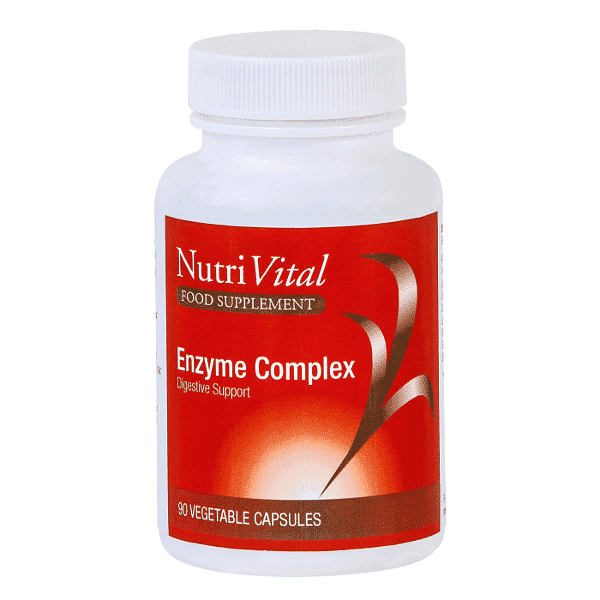 Nutrivital Enzyme Complex 90s supplement bottle with label showing supplement details and brand logo.