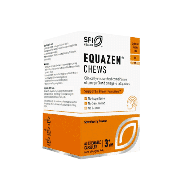 Equazen Chewes 60s bottle with colorful chewable supplements for children featuring the Equazen brand label.