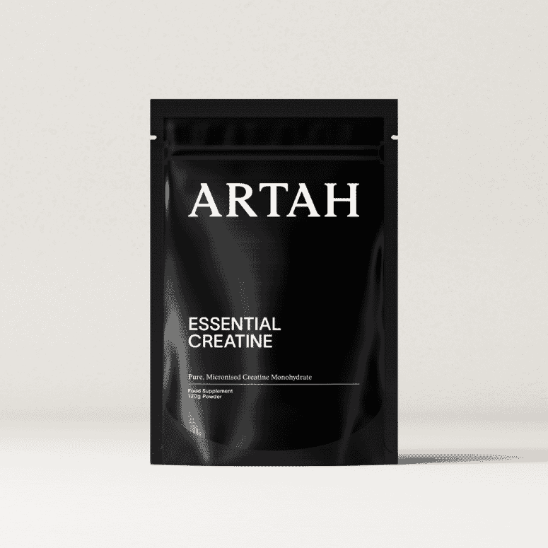 Artah Essential Creatine 120g container with a label showing product details and branding, used for muscle energy and performance.