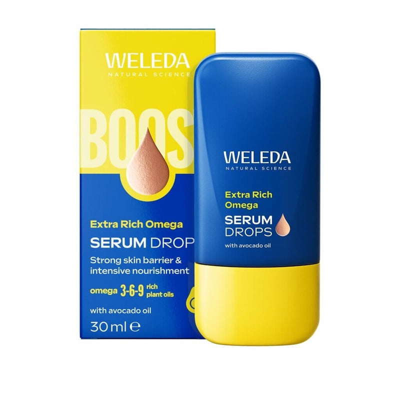 Weleda Extra Rich Omega Serum Drops 30ml bottle with dropper cap, showcasing the product's packaging and clear glass container.