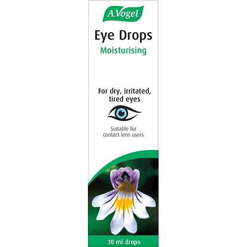 A Vogel BioForce moisturizing eye drops in green 10ml bottle, designed to soothe and hydrate dry eyes.
